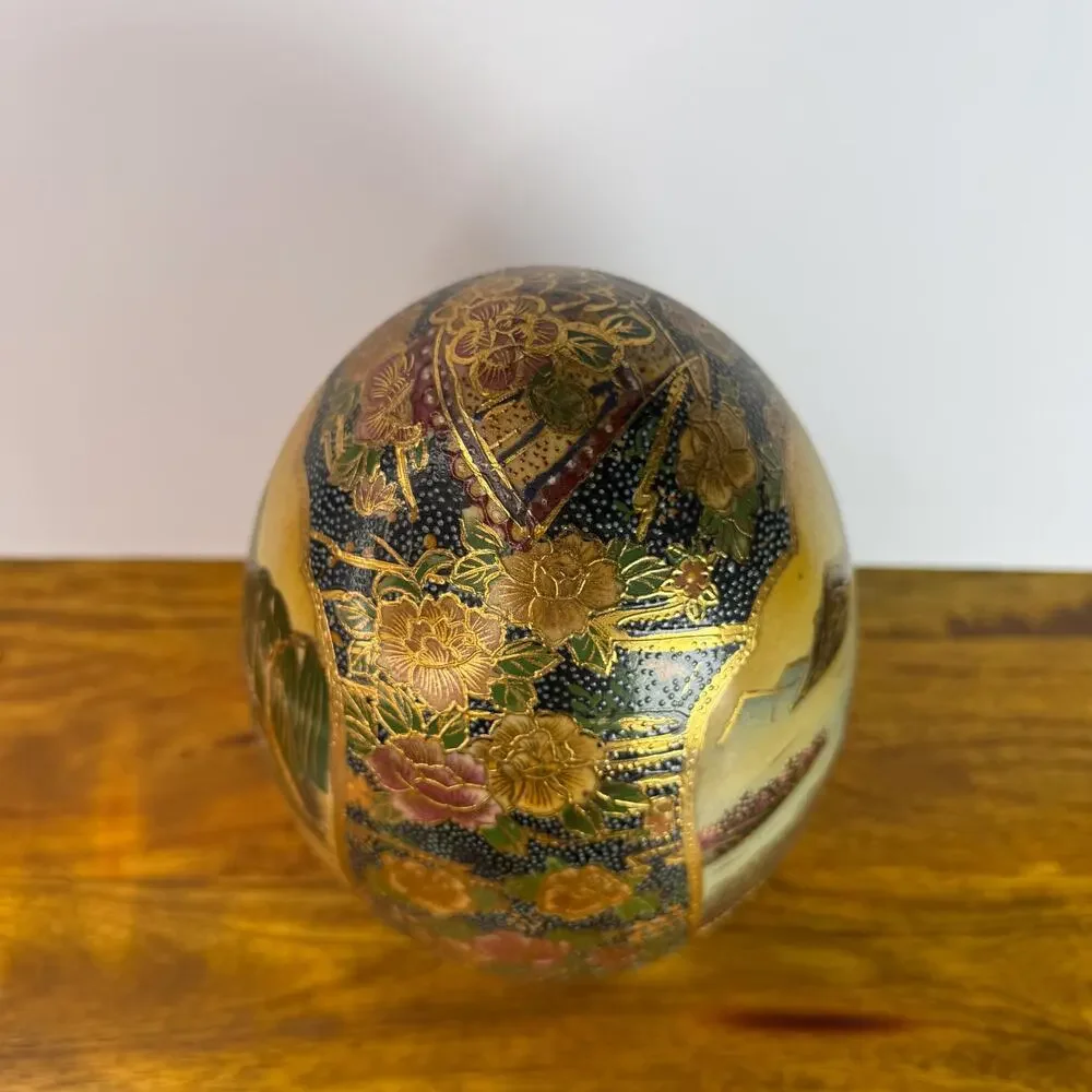 Satsuma Ceramic Egg Gold Trim Geisha Boat Landscape Asian Hand Painted